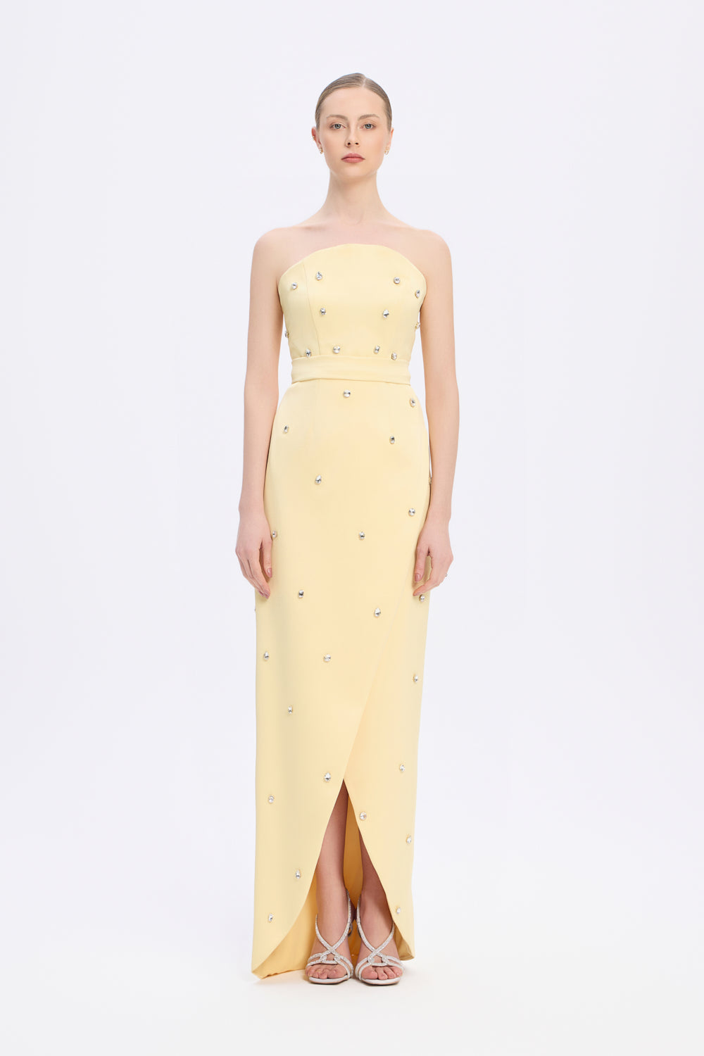 Taş İşlemeli Detaylı Straplez Yırtmaçlı Uzun Abiye Elbise - 2002C