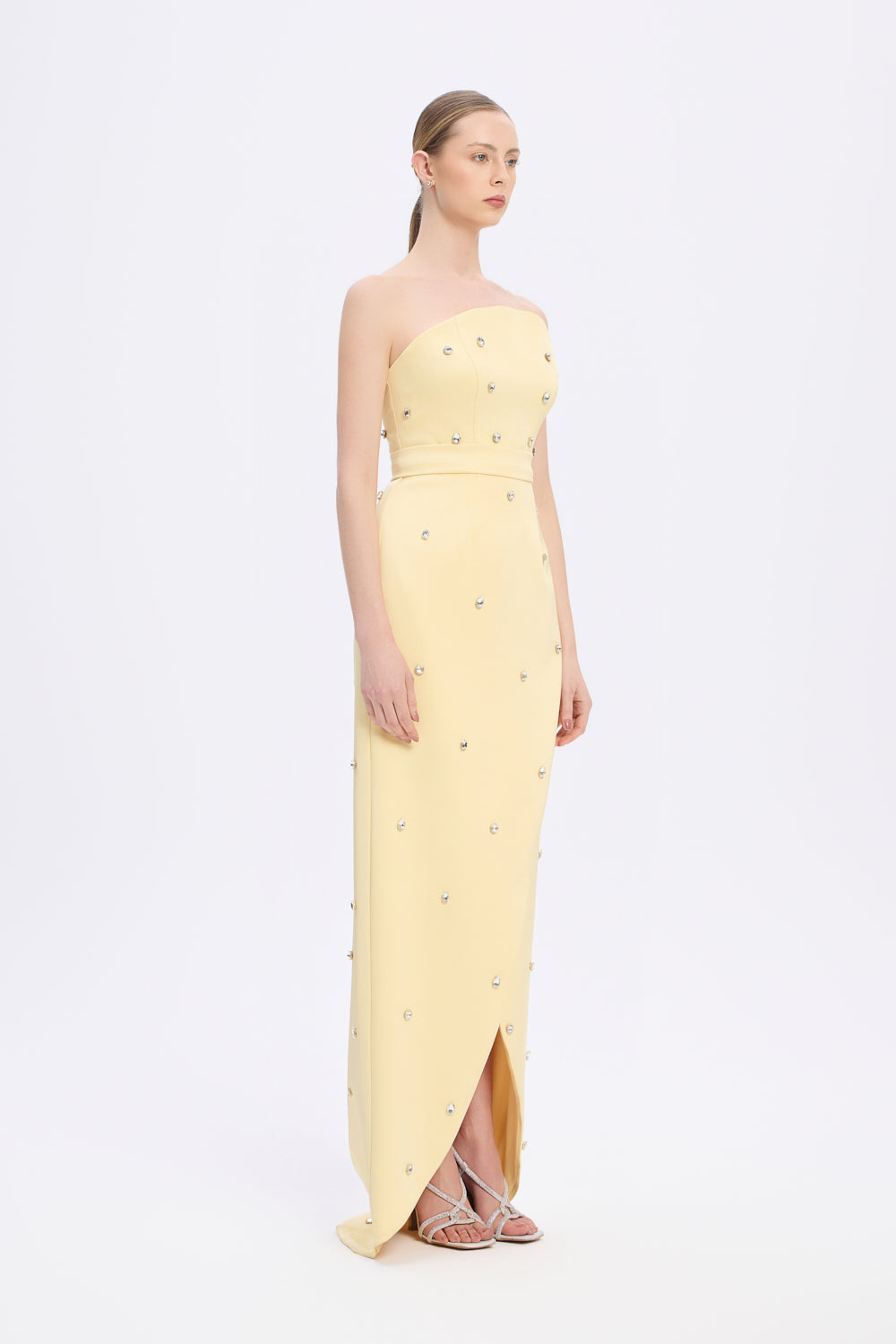 Taş İşlemeli Detaylı Straplez Yırtmaçlı Uzun Abiye Elbise - 2002C