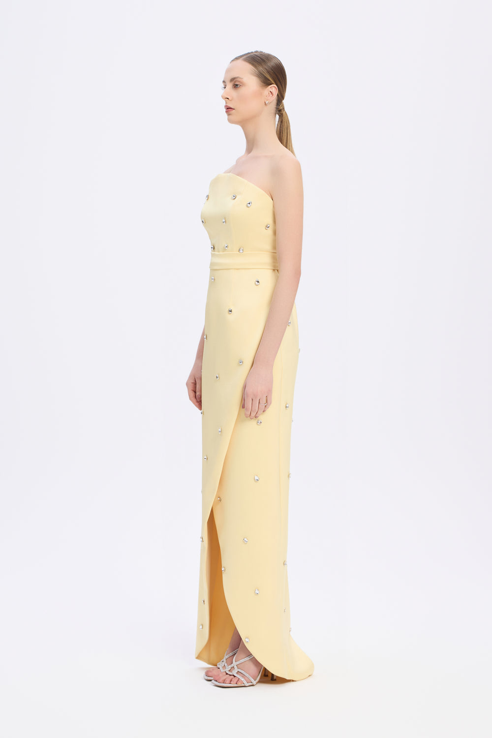 Taş İşlemeli Detaylı Straplez Yırtmaçlı Uzun Abiye Elbise - 2002C