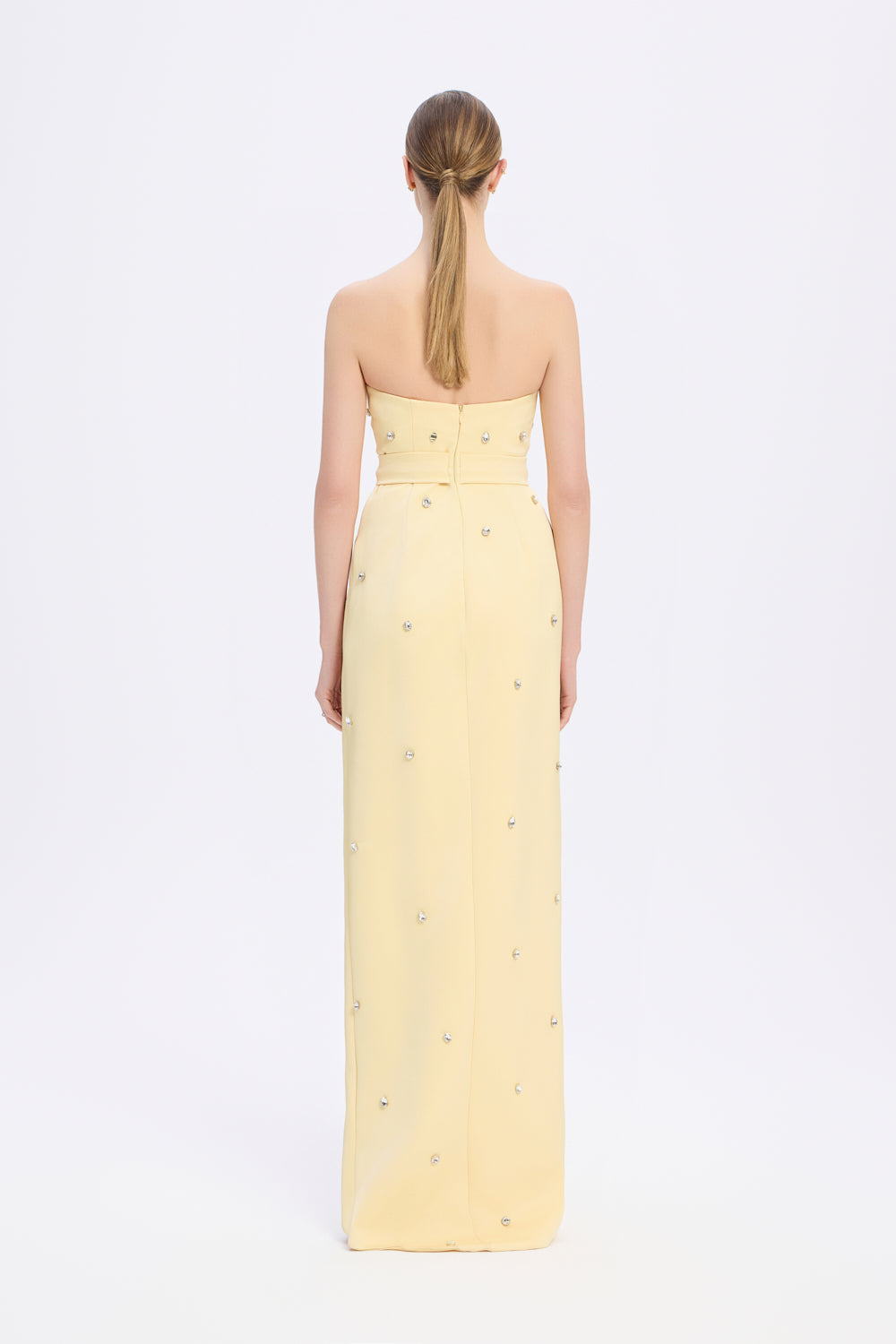 Taş İşlemeli Detaylı Straplez Yırtmaçlı Uzun Abiye Elbise - 2002C