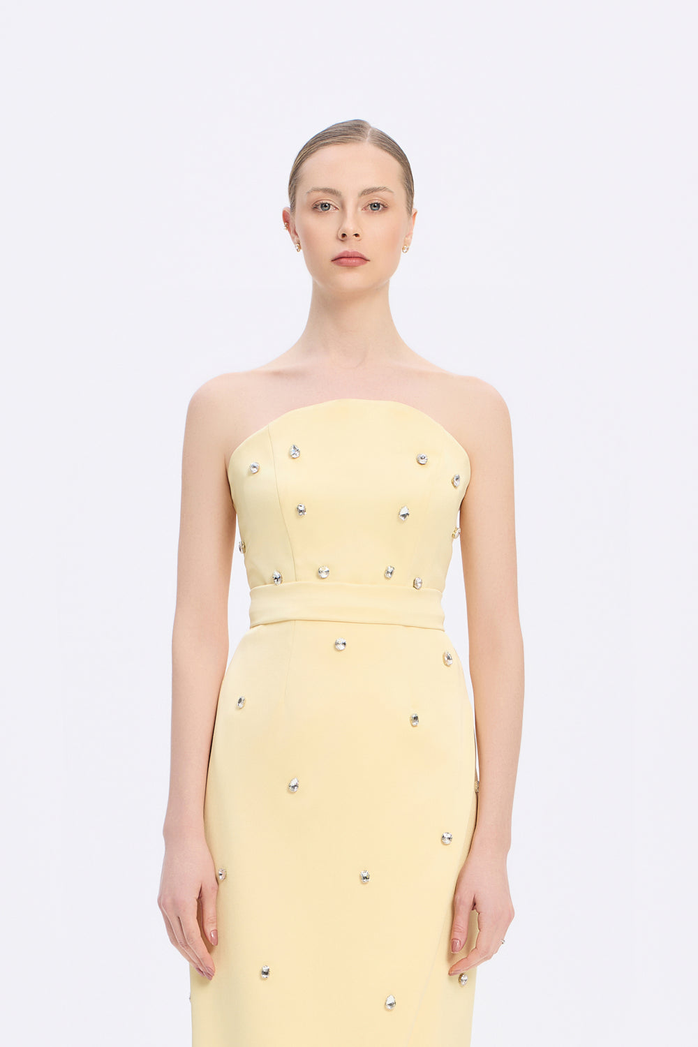 Taş İşlemeli Detaylı Straplez Yırtmaçlı Uzun Abiye Elbise - 2002C