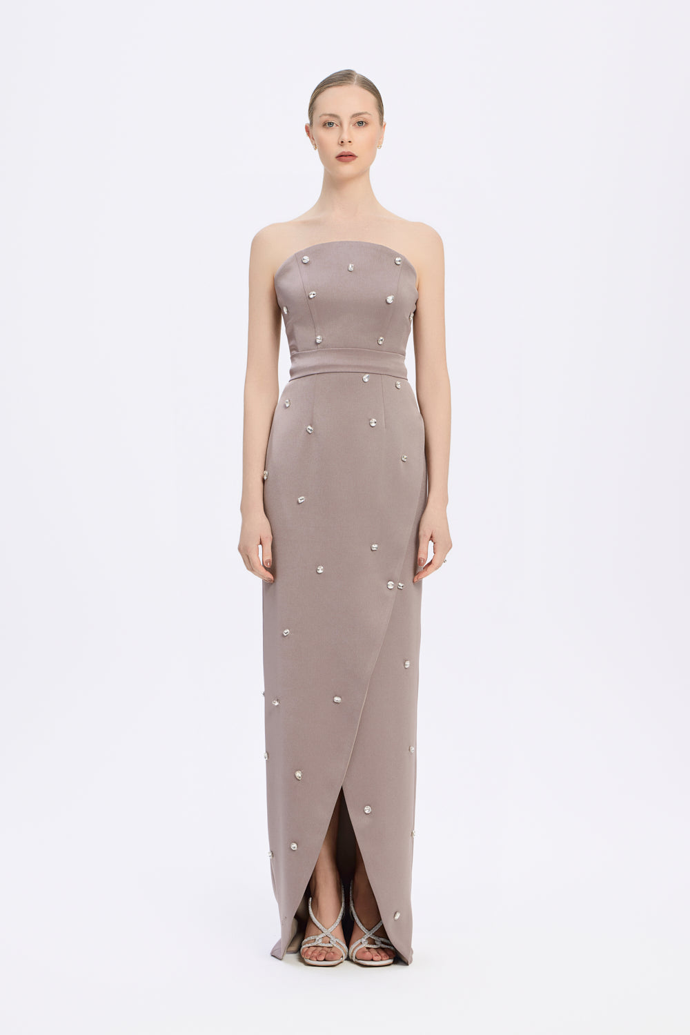 Taş İşlemeli Detaylı Straplez Yırtmaçlı Uzun Abiye Elbise - 2002C