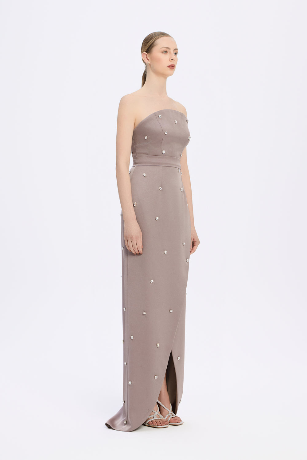 Taş İşlemeli Detaylı Straplez Yırtmaçlı Uzun Abiye Elbise - 2002C