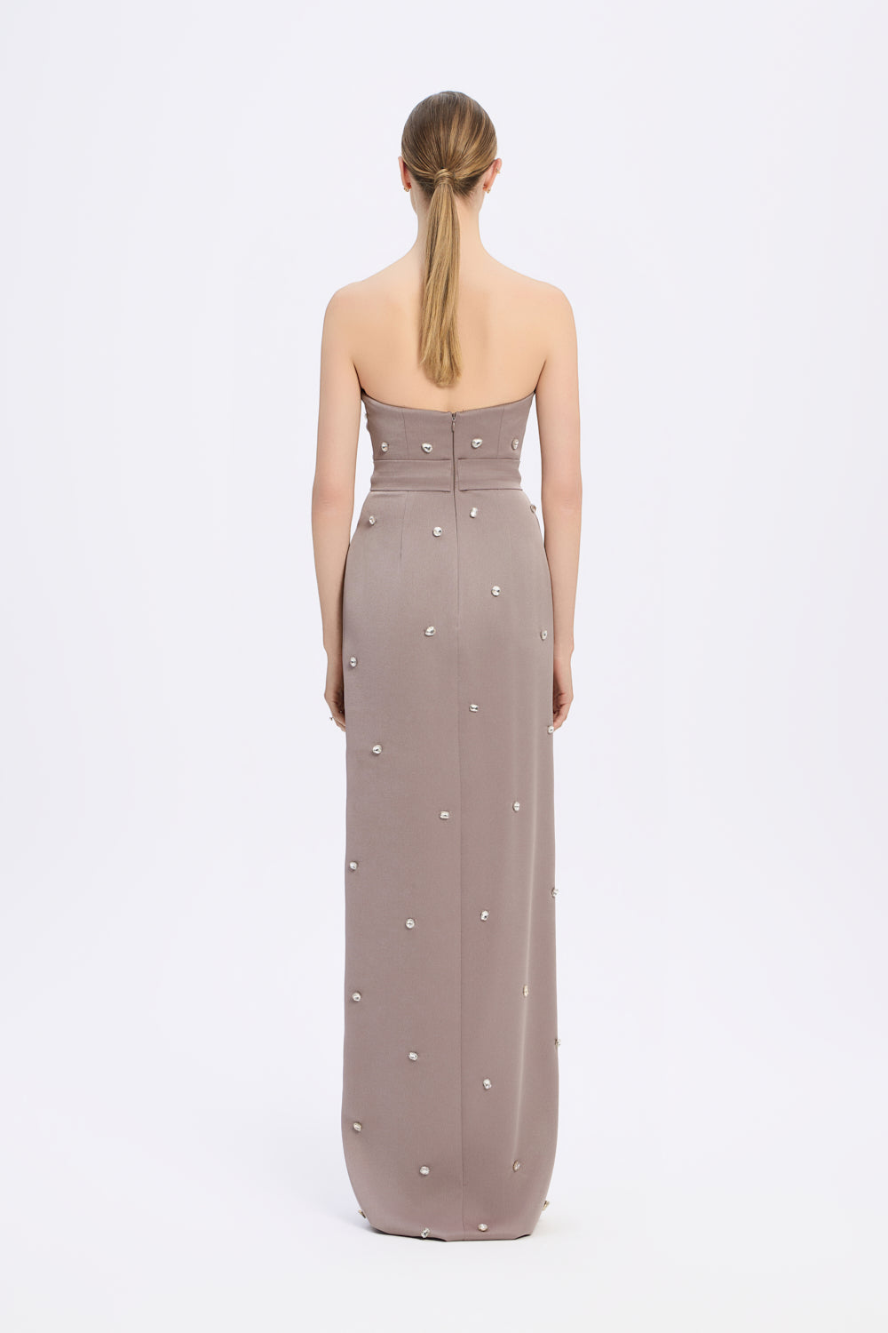 Taş İşlemeli Detaylı Straplez Yırtmaçlı Uzun Abiye Elbise - 2002C