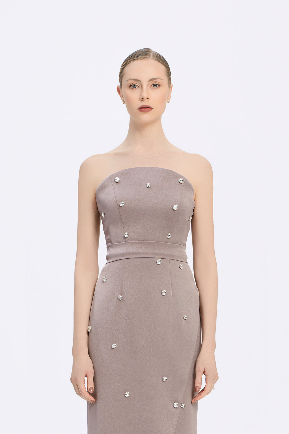 Taş İşlemeli Detaylı Straplez Yırtmaçlı Uzun Abiye Elbise - 2002C