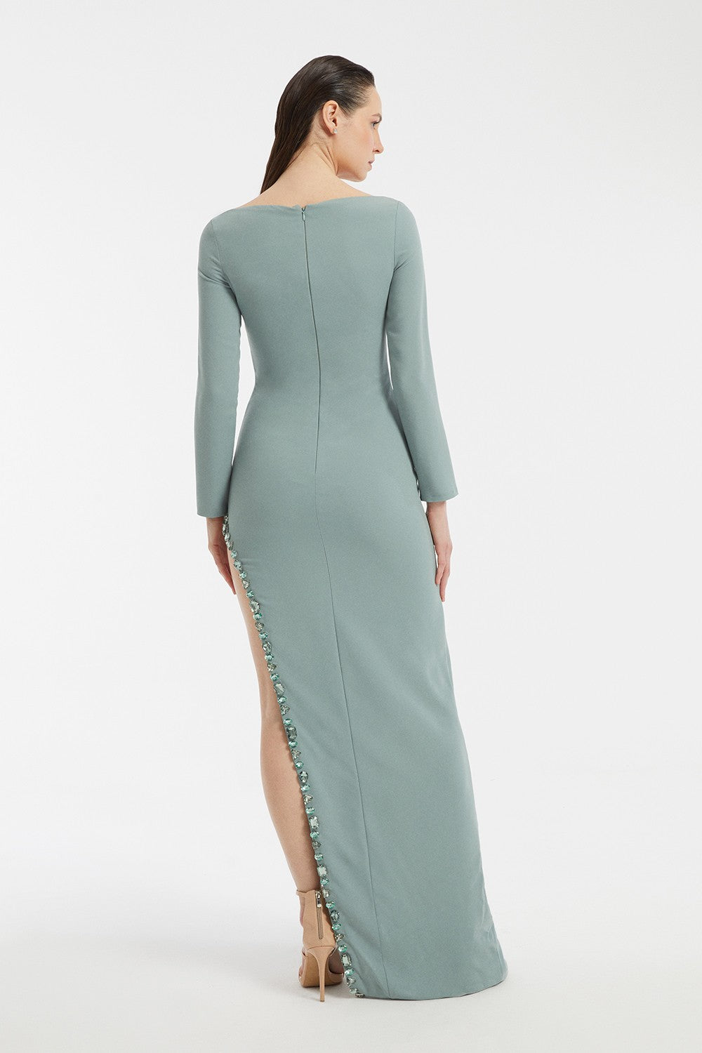 Göğüs İşleme Detaylı Uzun Kollu Yırtmaçlı Uzun Abiye Elbise - 3005C