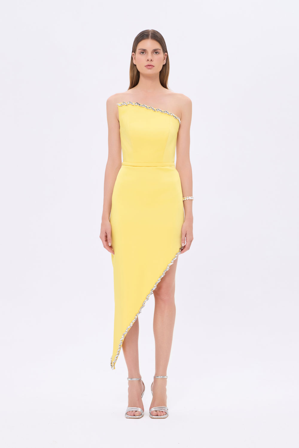 Asimetrik Straplez Yaka Yırtmaçlı Abiye Elbise - 1011C