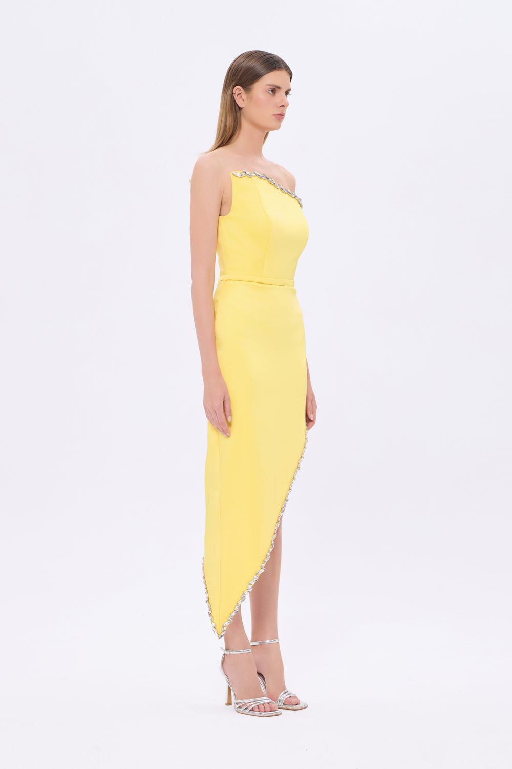 Asimetrik Straplez Yaka Yırtmaçlı Abiye Elbise - 1011C