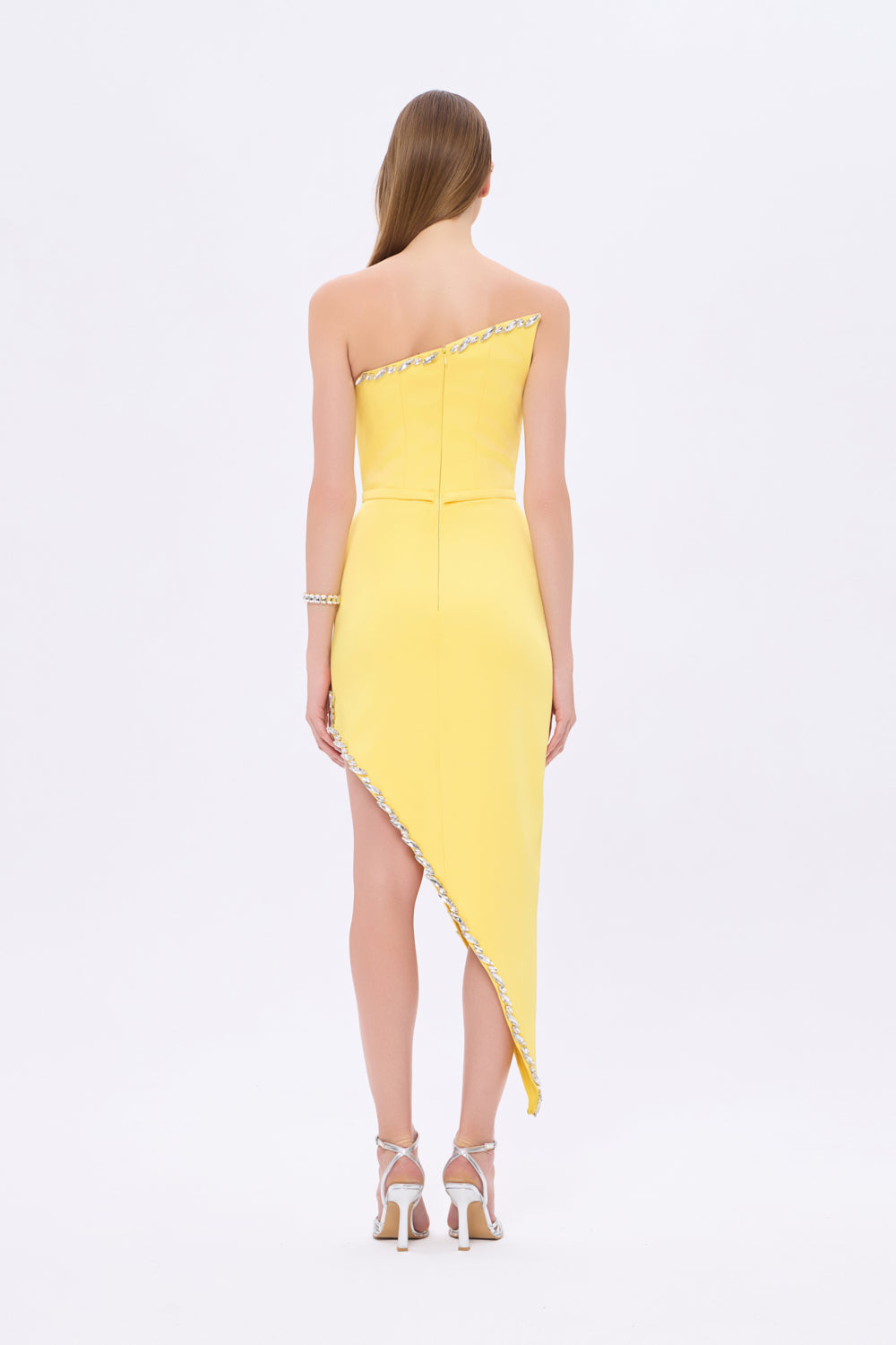 Asimetrik Straplez Yaka Yırtmaçlı Abiye Elbise - 1011C