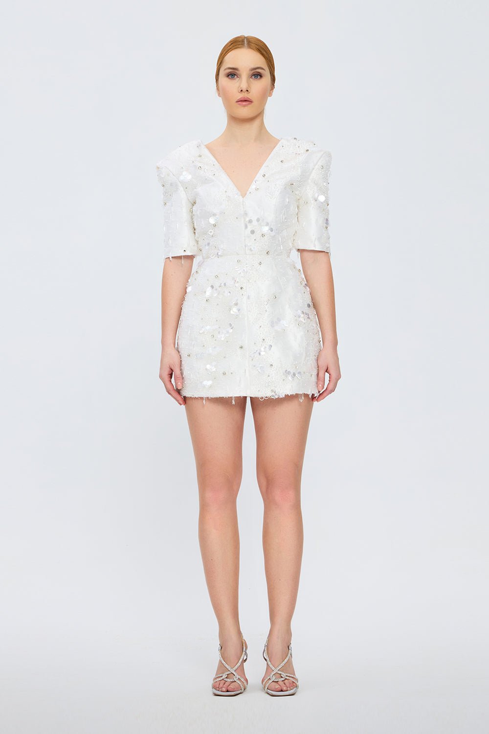 İşleme Detaylı Yarım Kol Kısa Abiye Elbise - 2071C