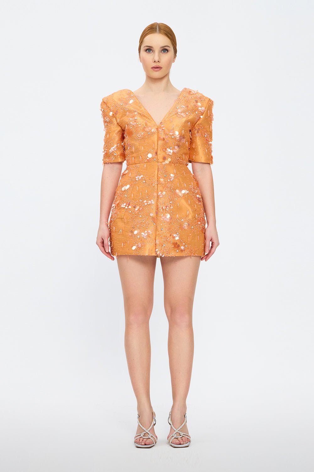 İşleme Detaylı Yarım Kol Kısa Abiye Elbise - 2071C