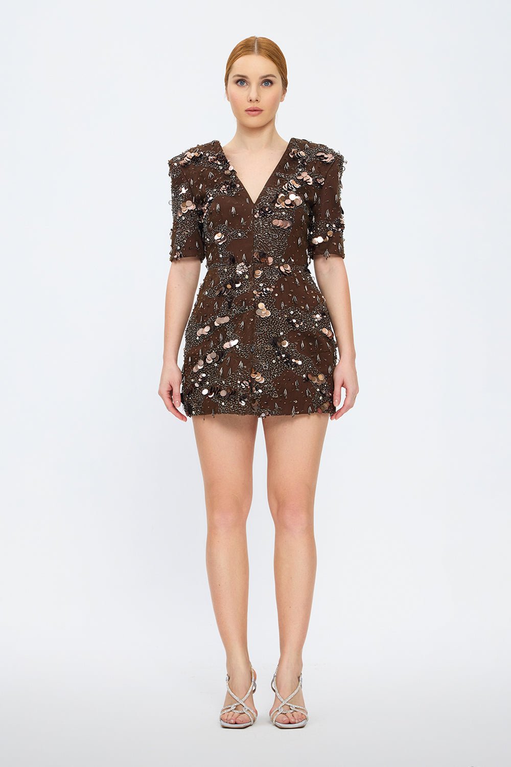 İşleme Detaylı Yarım Kol Kısa Abiye Elbise - 2071C