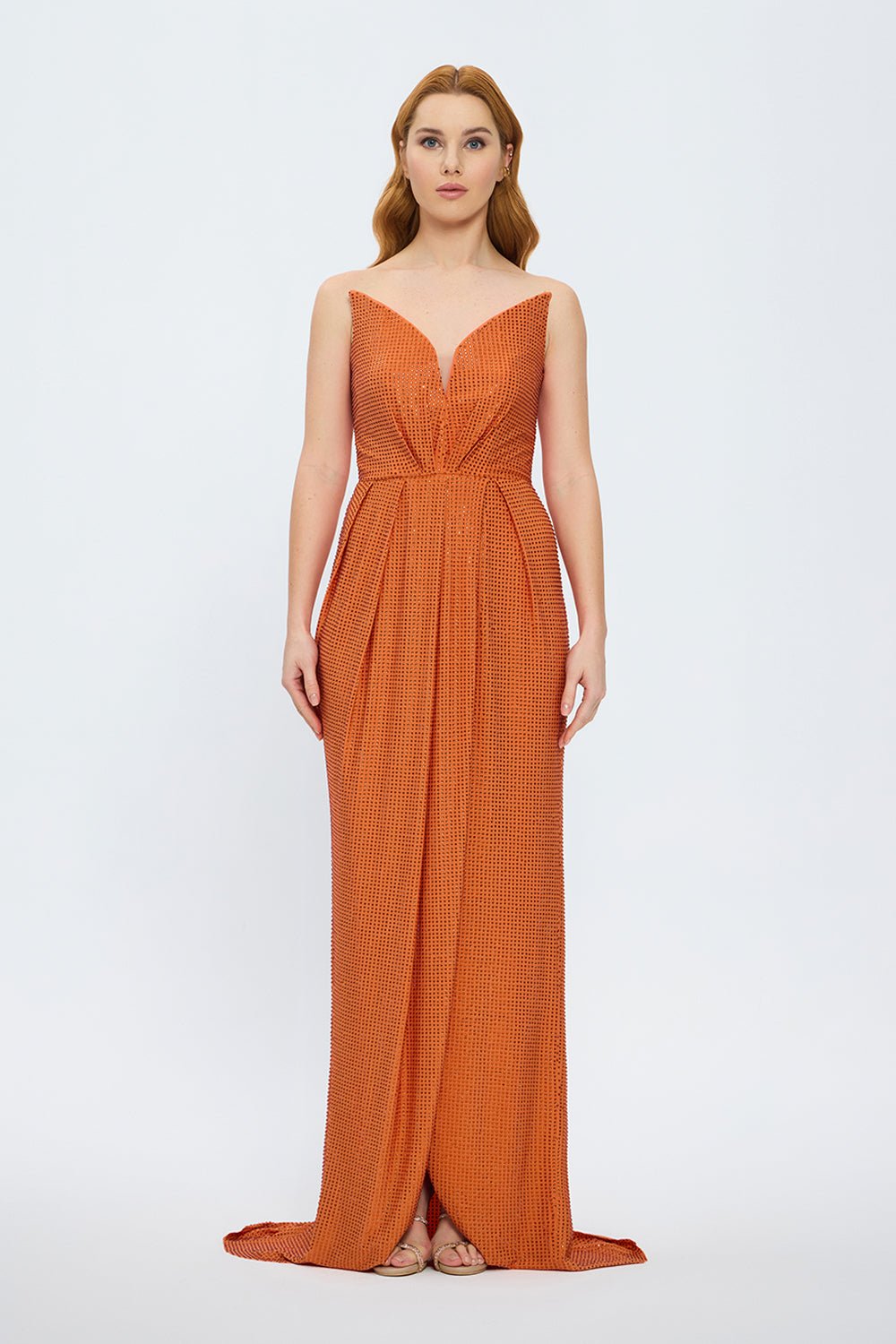 Draje Yaka Taşlı İşlemeli Uzun Abiye Elbise - 7012C