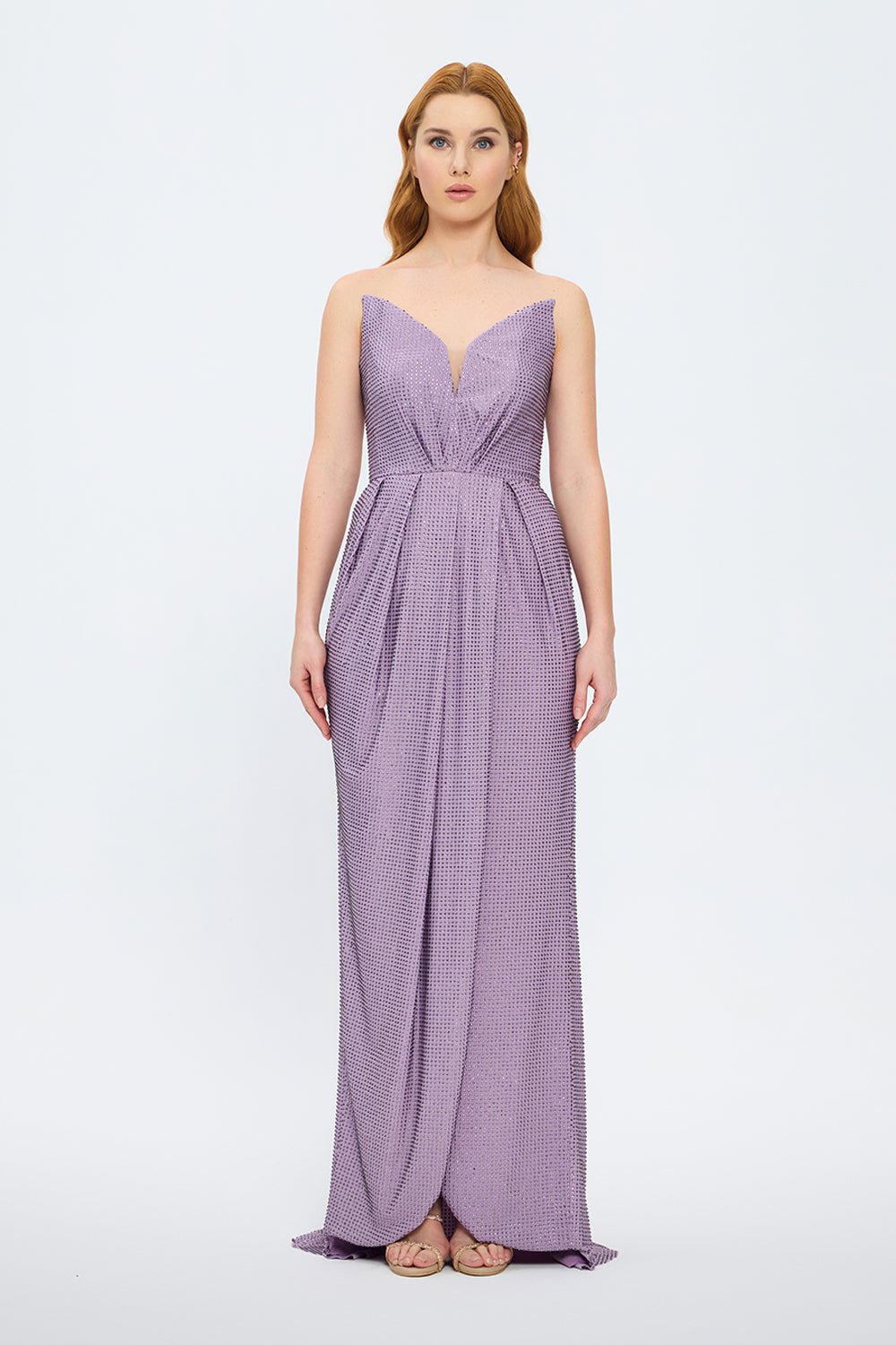 Draje Yaka Taşlı İşlemeli Uzun Abiye Elbise - 7012C