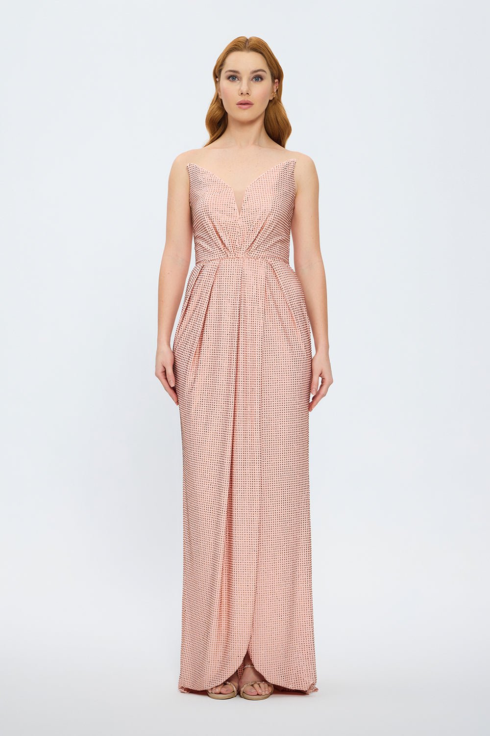 Draje Yaka Taşlı İşlemeli Uzun Abiye Elbise - 7012C