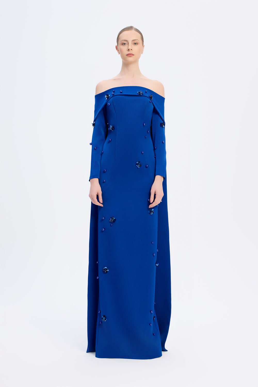 Kayık Yaka Aksesuar Detaylı Uzun Abiye Elbise - 01026C