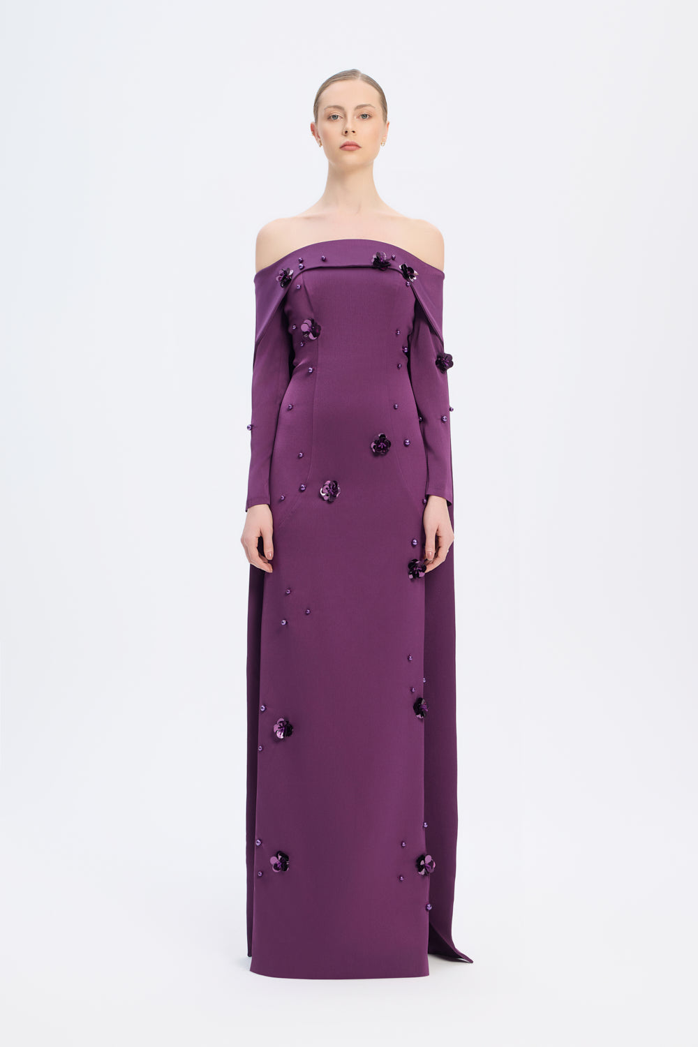 Kayık Yaka Aksesuar Detaylı Uzun Abiye Elbise - 01026C