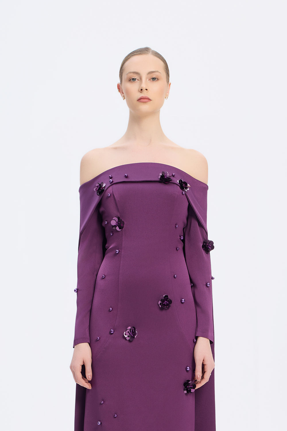 Kayık Yaka Aksesuar Detaylı Uzun Abiye Elbise - 01026C