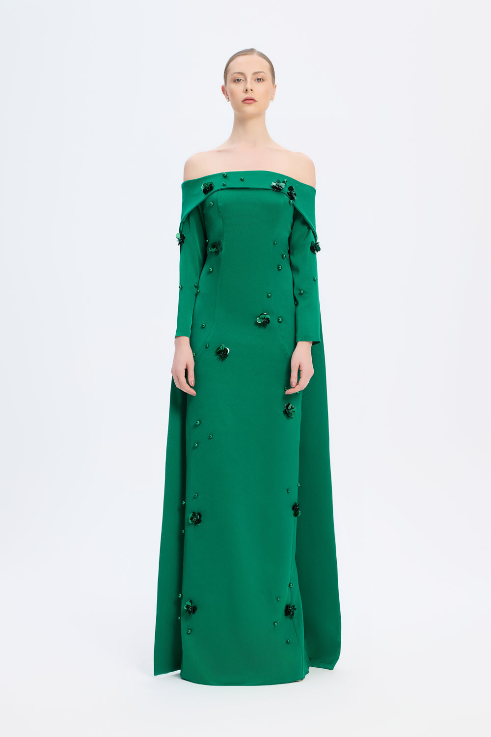 Kayık Yaka Aksesuar Detaylı Uzun Abiye Elbise - 01026C