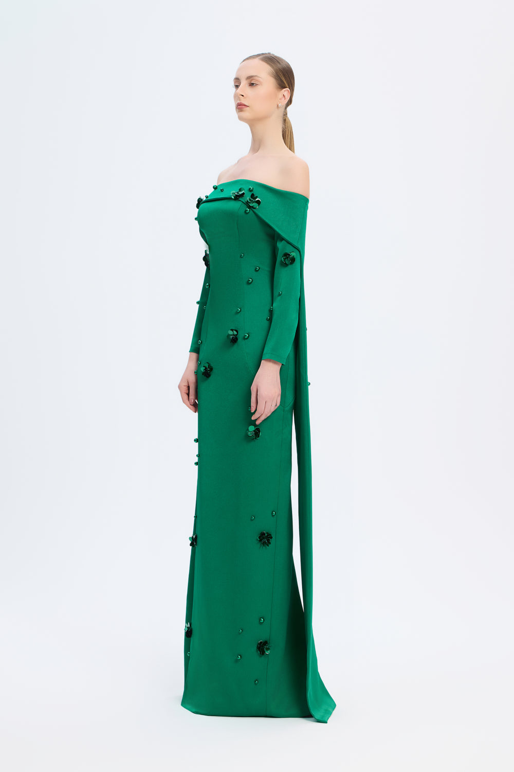 Kayık Yaka Aksesuar Detaylı Uzun Abiye Elbise - 01026C