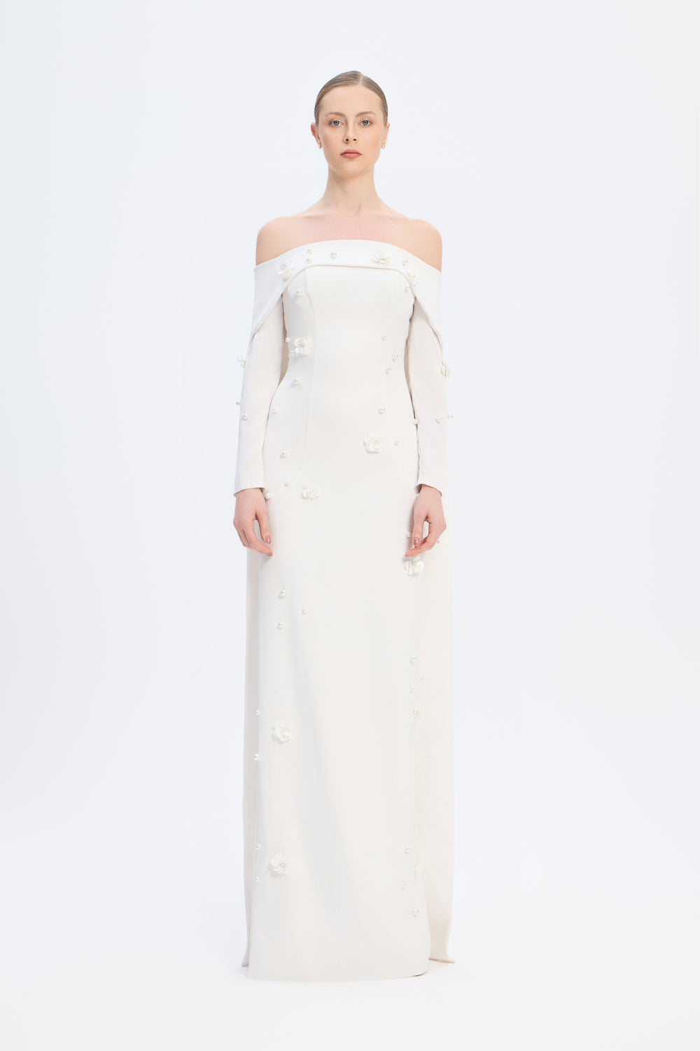 Kayık Yaka Aksesuar Detaylı Uzun Abiye Elbise - 01026C