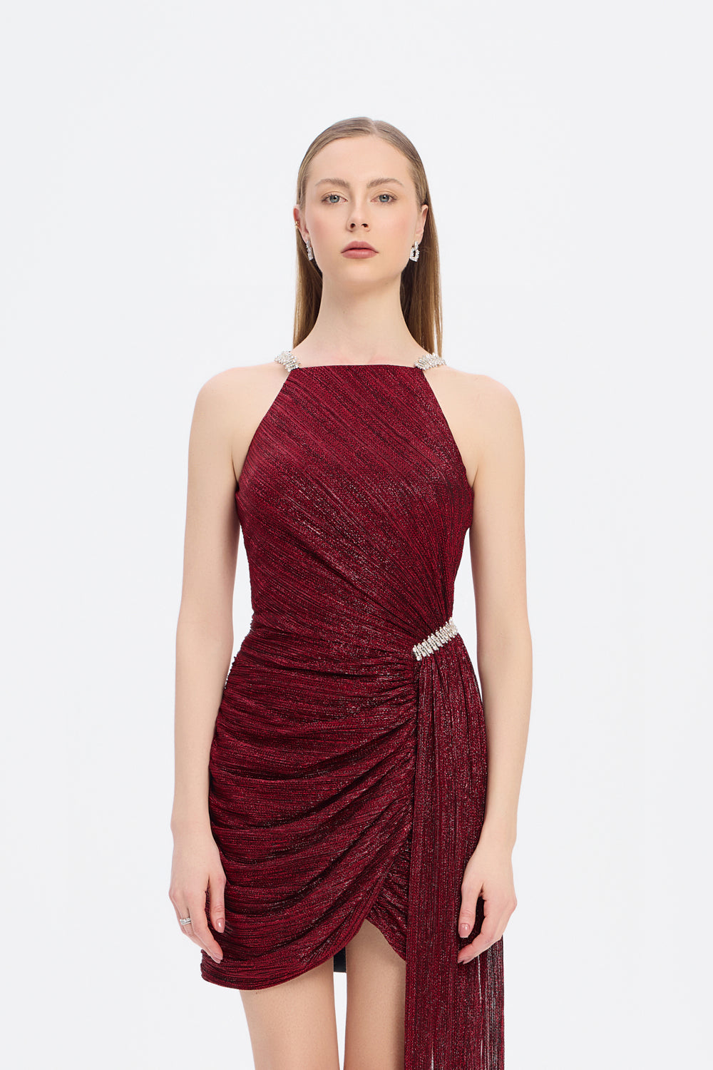 Taşlı Drape Detaylı Mini Abiye Elbise - 9009C