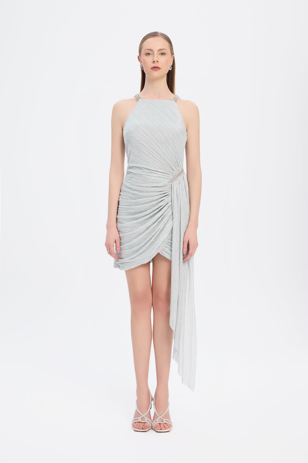 Taşlı Drape Detaylı Mini Abiye Elbise - 9009C