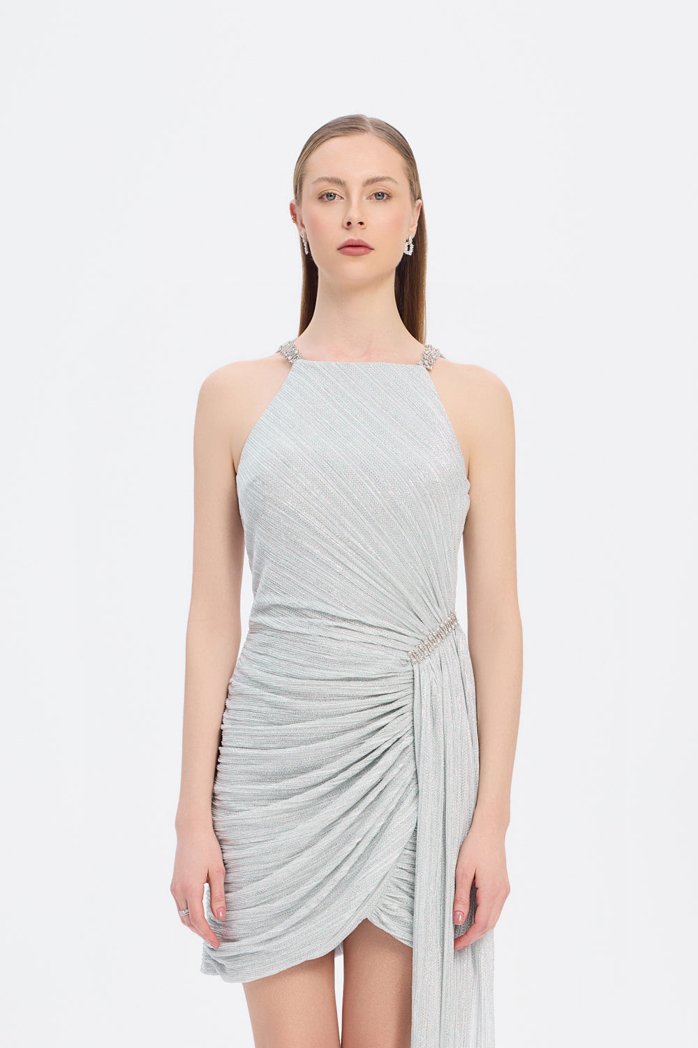 Taşlı Drape Detaylı Mini Abiye Elbise - 9009C