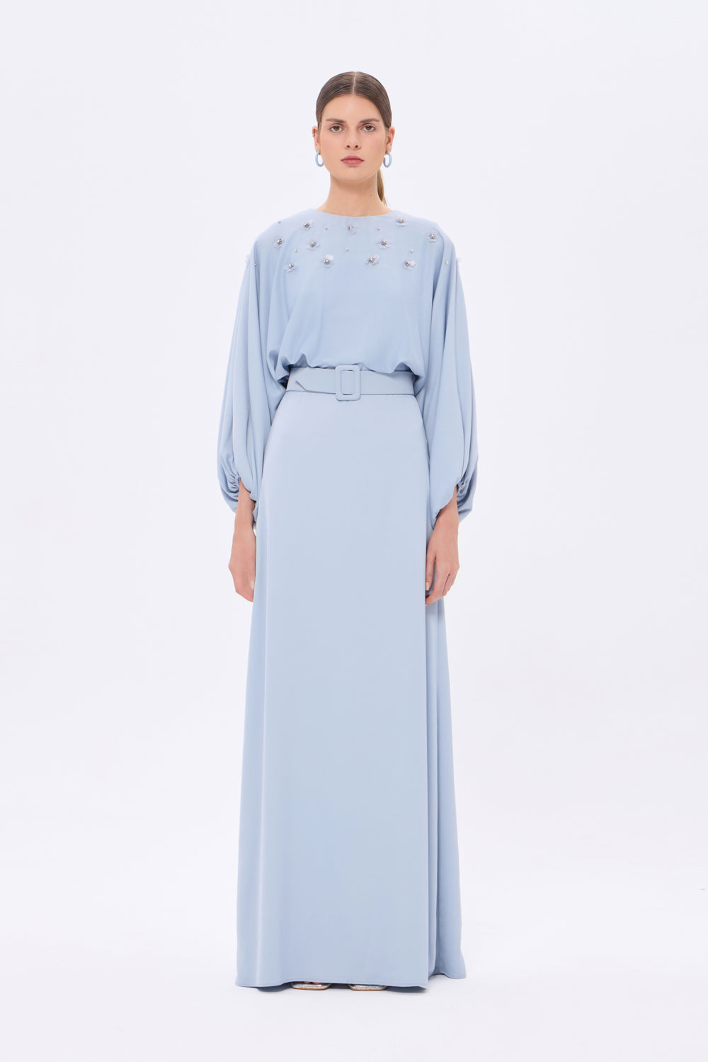 Çiçek İşlemeli Kemerli Saten Uzun Abiye Elbise - 9075C