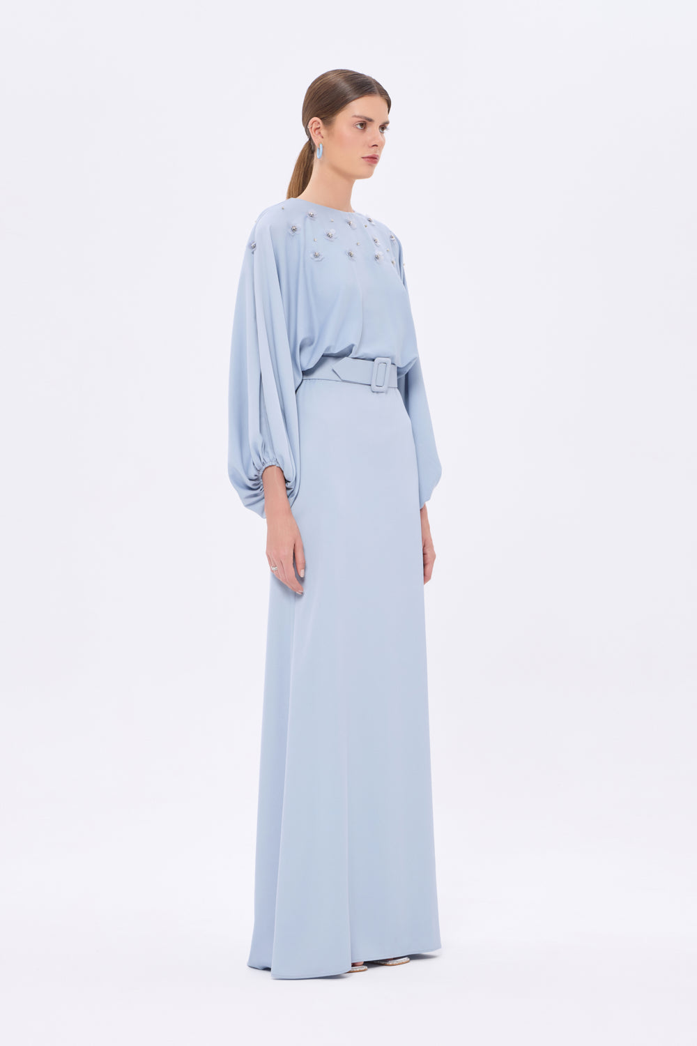 Çiçek İşlemeli Kemerli Saten Uzun Abiye Elbise - 9075C