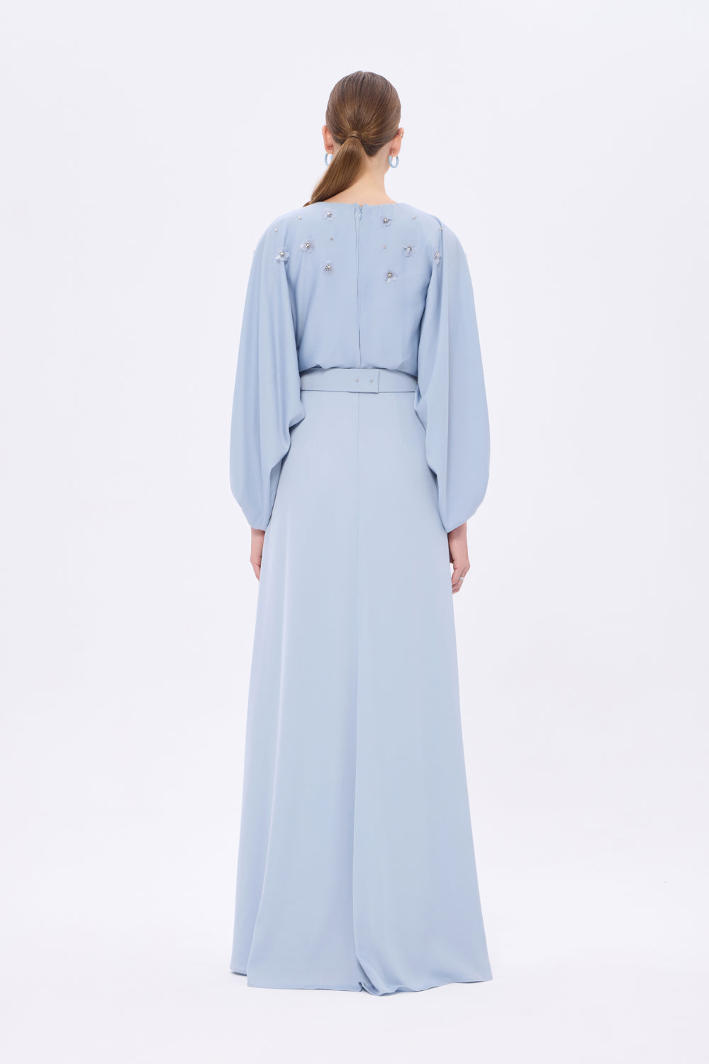 Çiçek İşlemeli Kemerli Saten Uzun Abiye Elbise - 9075C