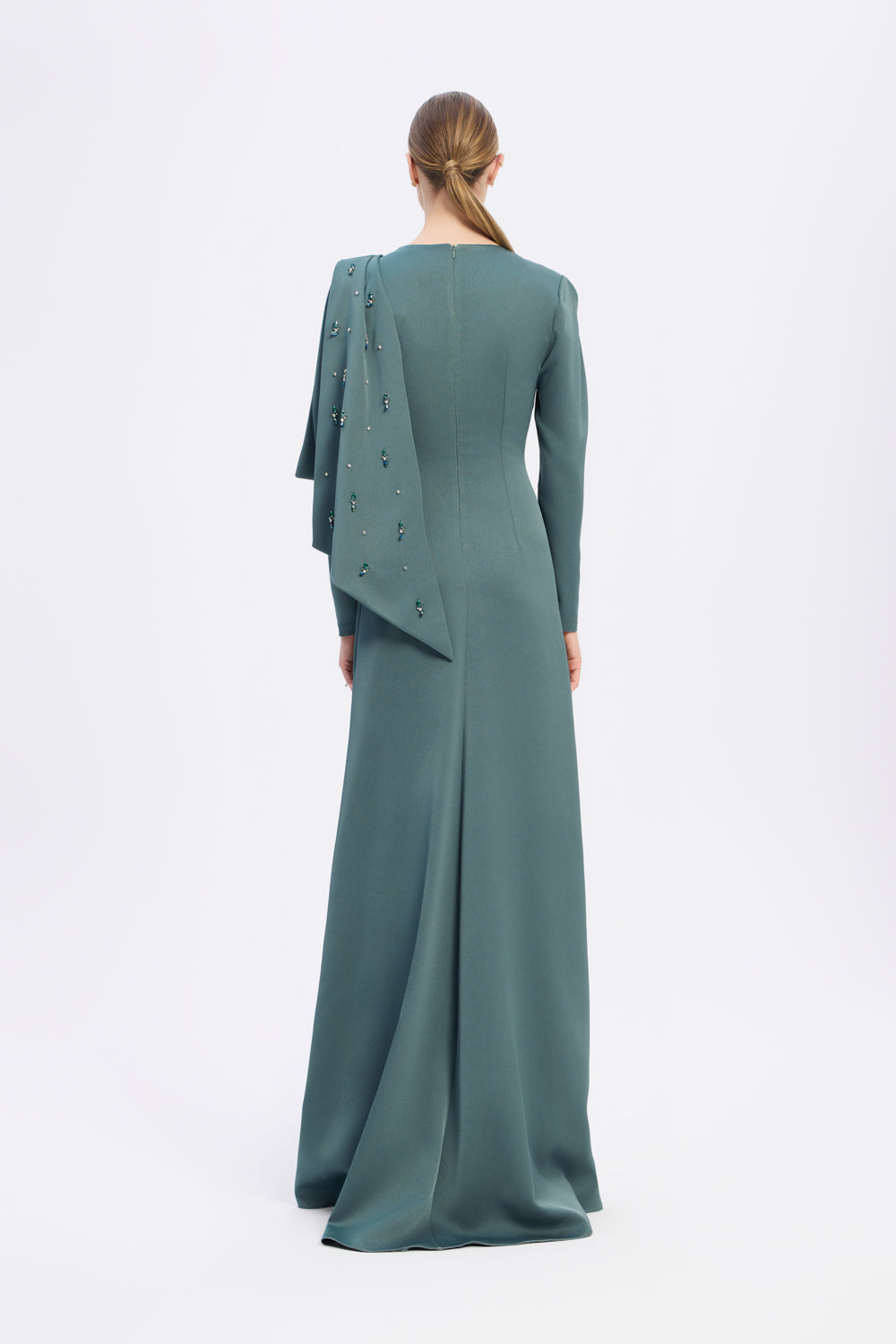 Dar Kesim Taş İşlemeli Krep Uzun Abiye Elbise - 9087C