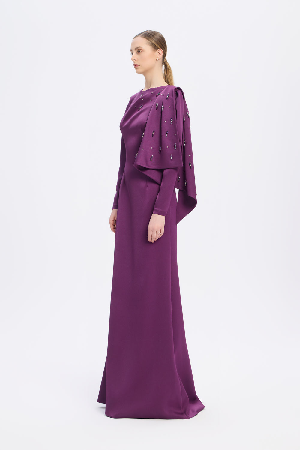 Dar Kesim Taş İşlemeli Krep Uzun Abiye Elbise - 9087C