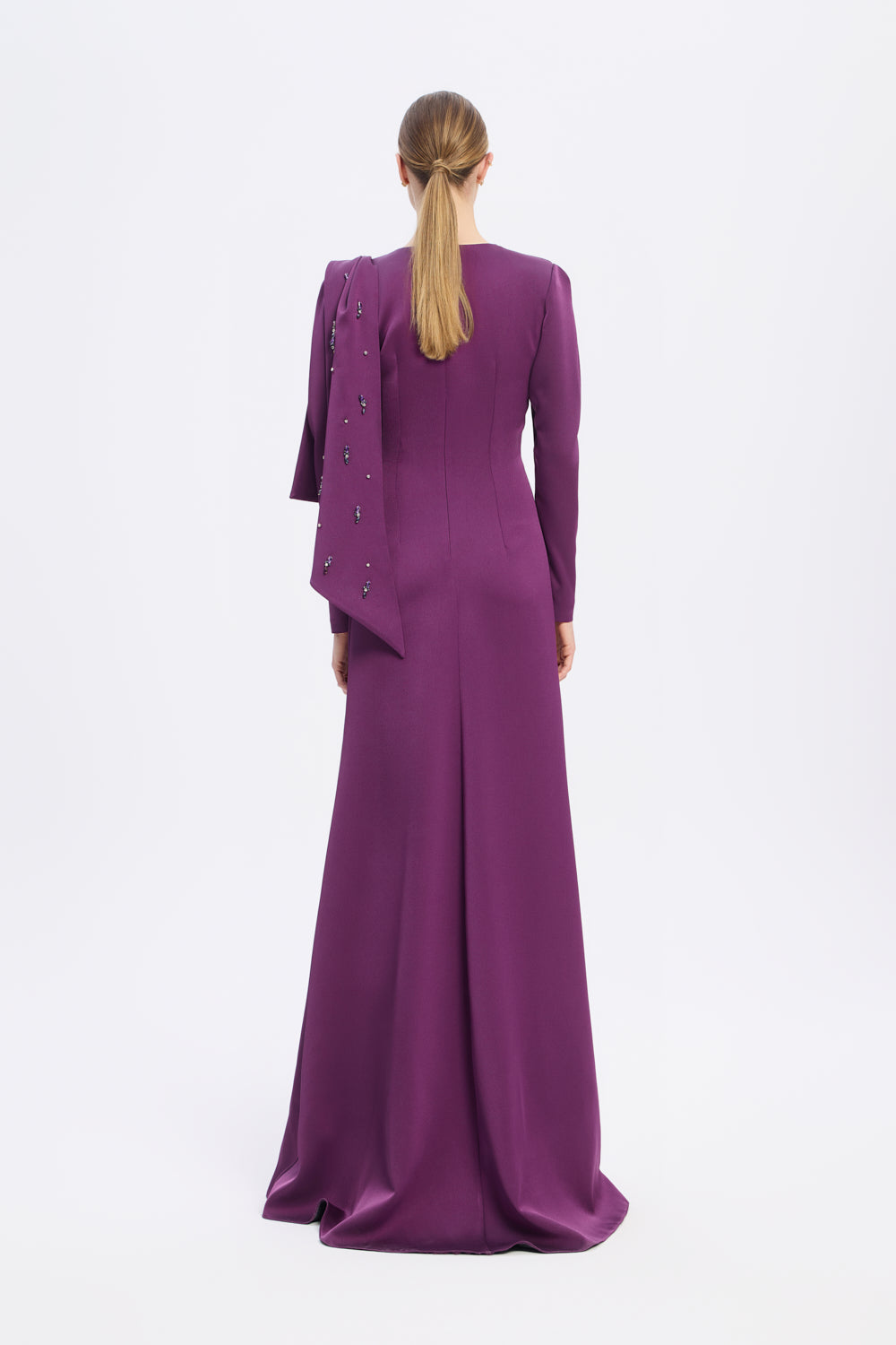 Dar Kesim Taş İşlemeli Krep Uzun Abiye Elbise - 9087C