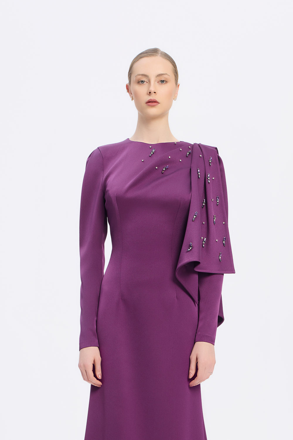 Dar Kesim Taş İşlemeli Krep Uzun Abiye Elbise - 9087C