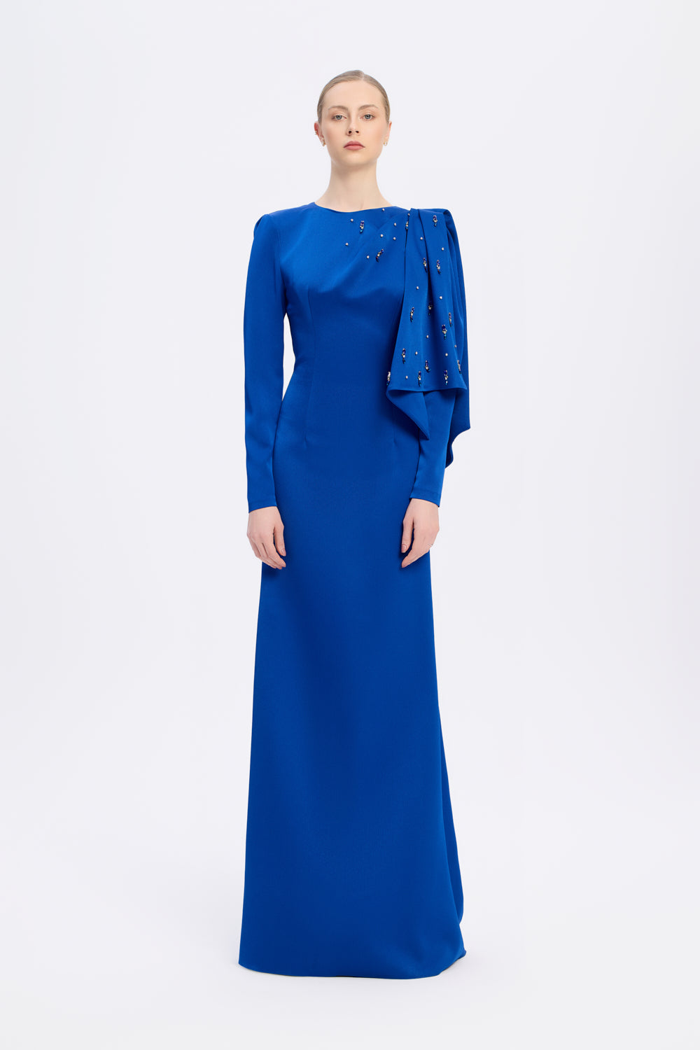 Dar Kesim Taş İşlemeli Krep Uzun Abiye Elbise - 9087C