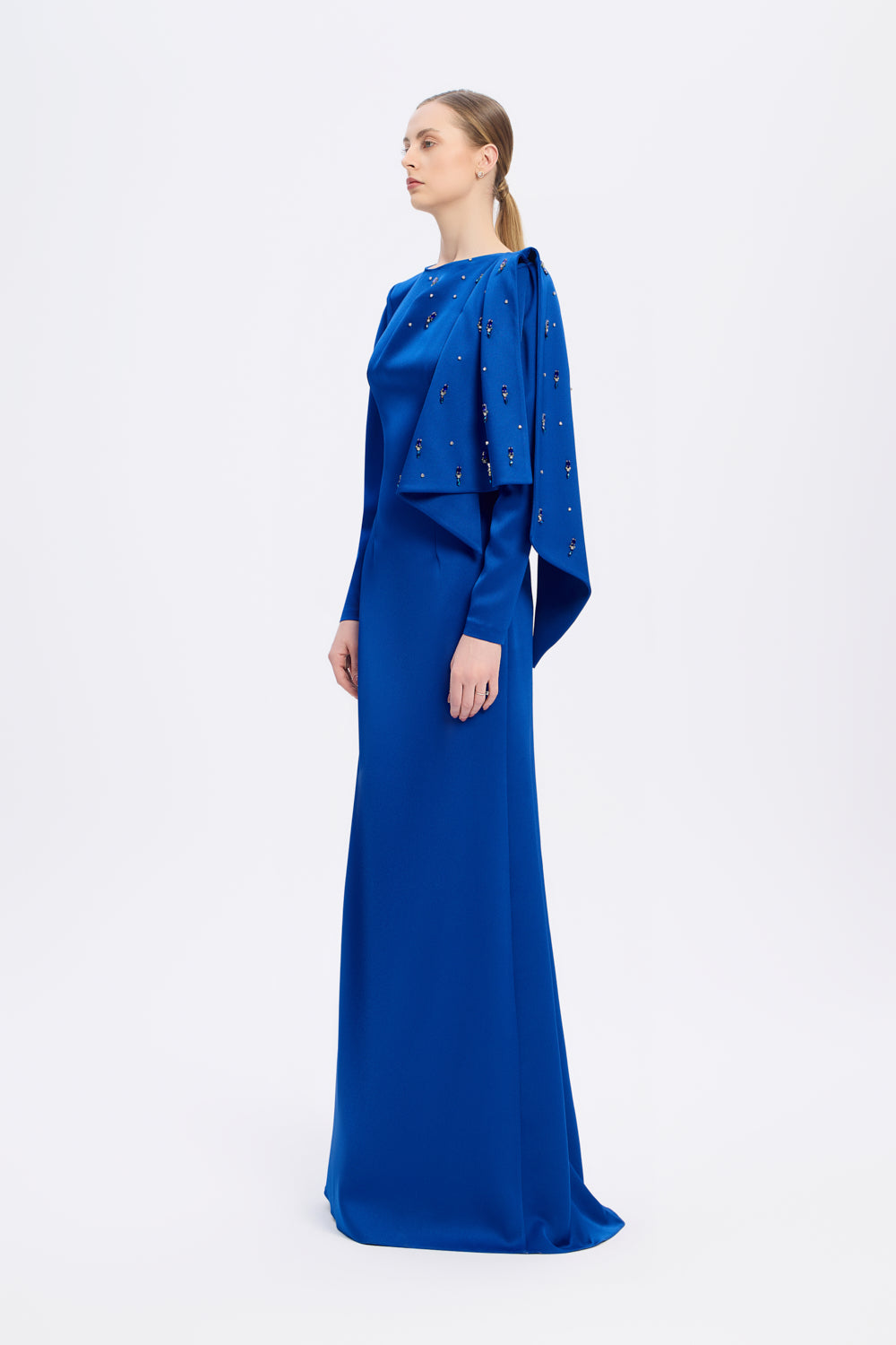 Dar Kesim Taş İşlemeli Krep Uzun Abiye Elbise - 9087C