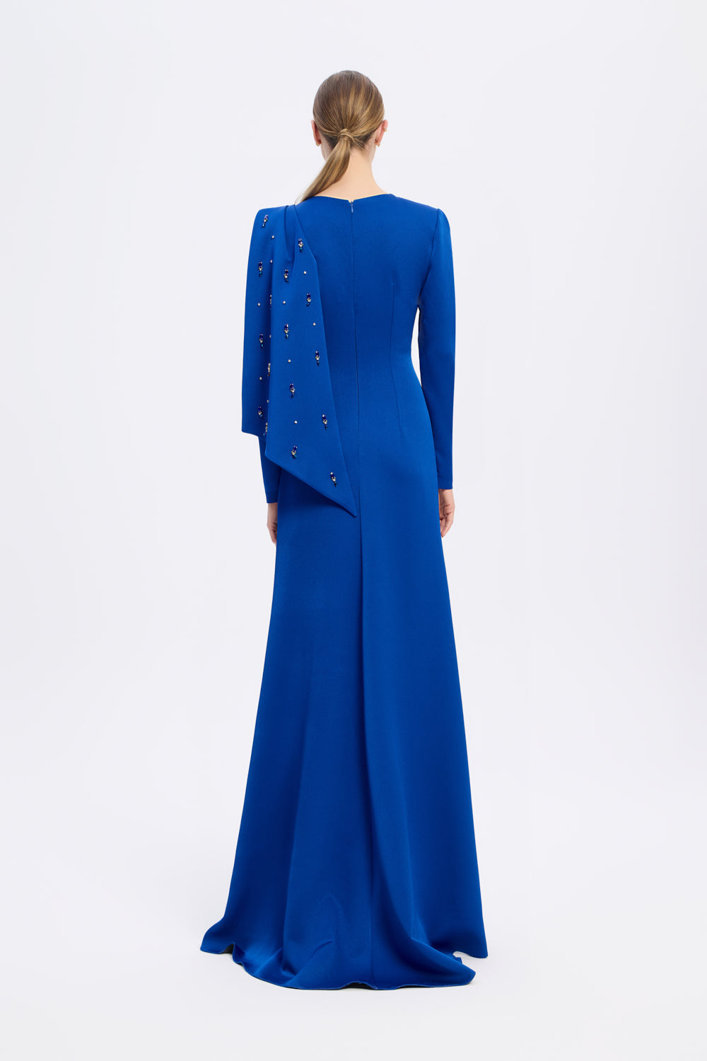 Dar Kesim Taş İşlemeli Krep Uzun Abiye Elbise - 9087C