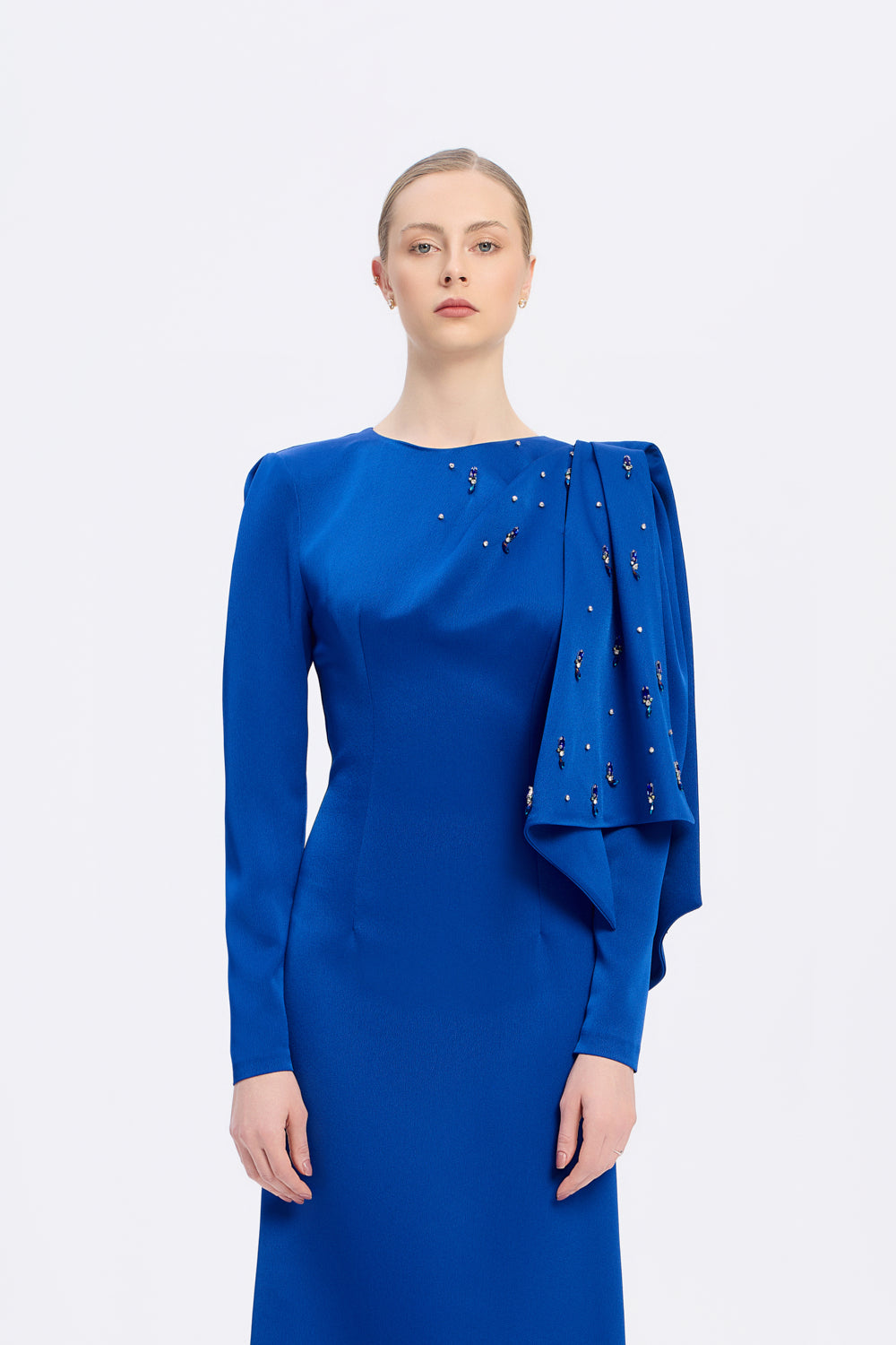 Dar Kesim Taş İşlemeli Krep Uzun Abiye Elbise - 9087C