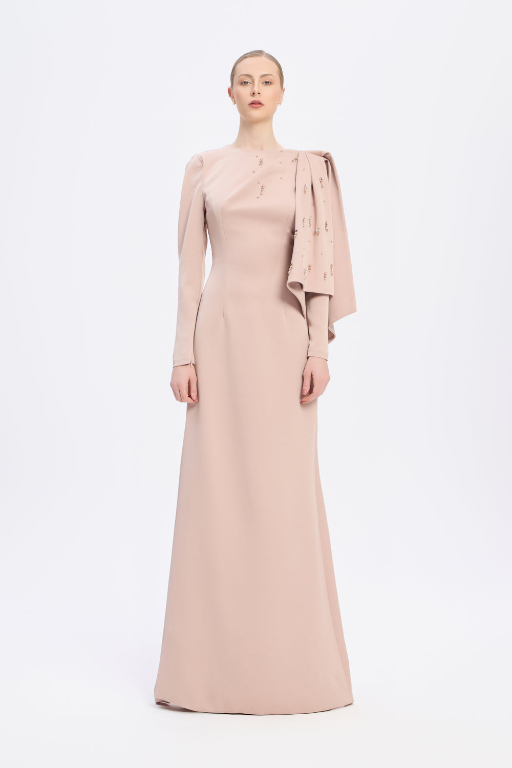 Dar Kesim Taş İşlemeli Krep Uzun Abiye Elbise - 9087C