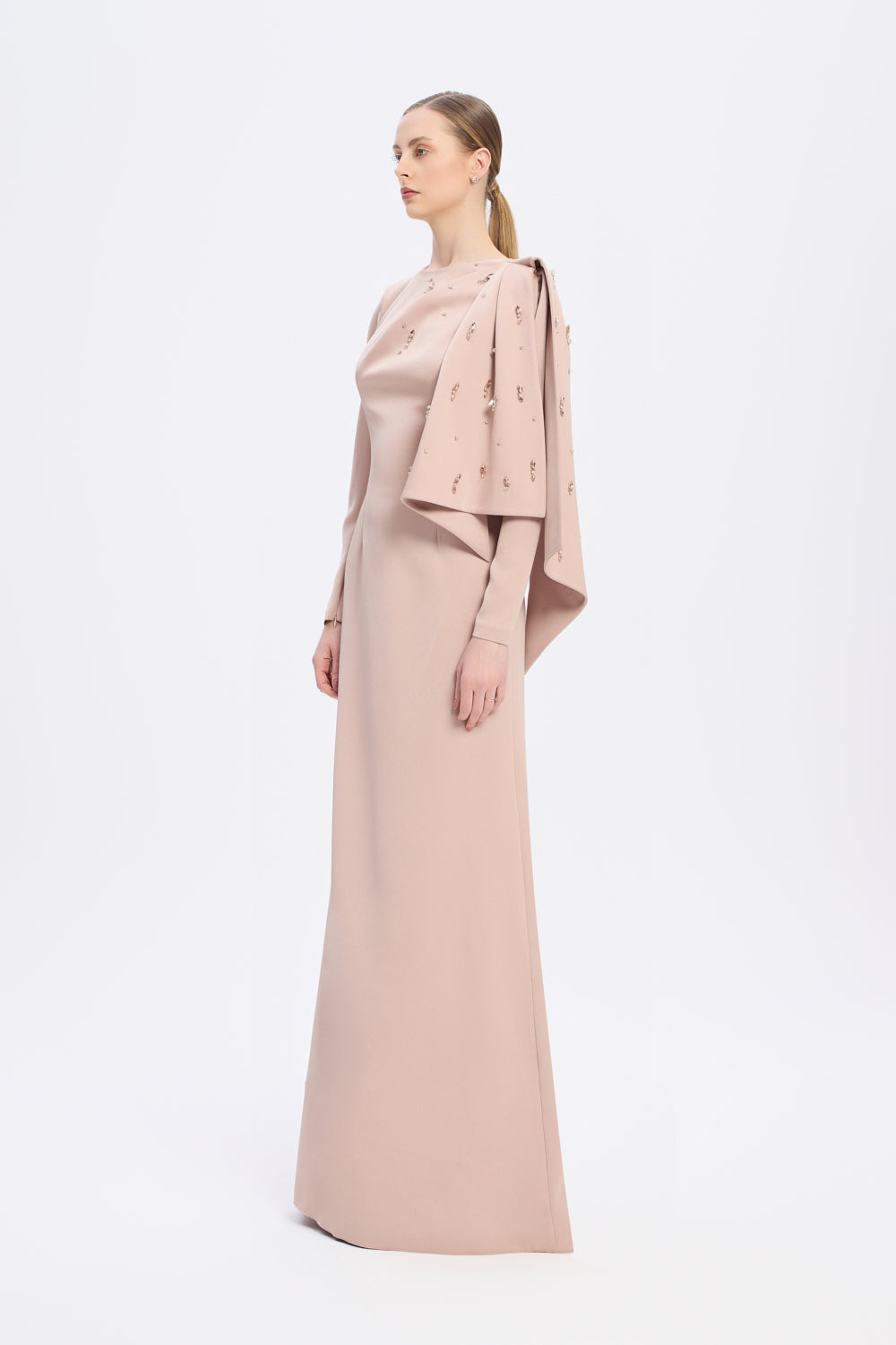 Dar Kesim Taş İşlemeli Krep Uzun Abiye Elbise - 9087C