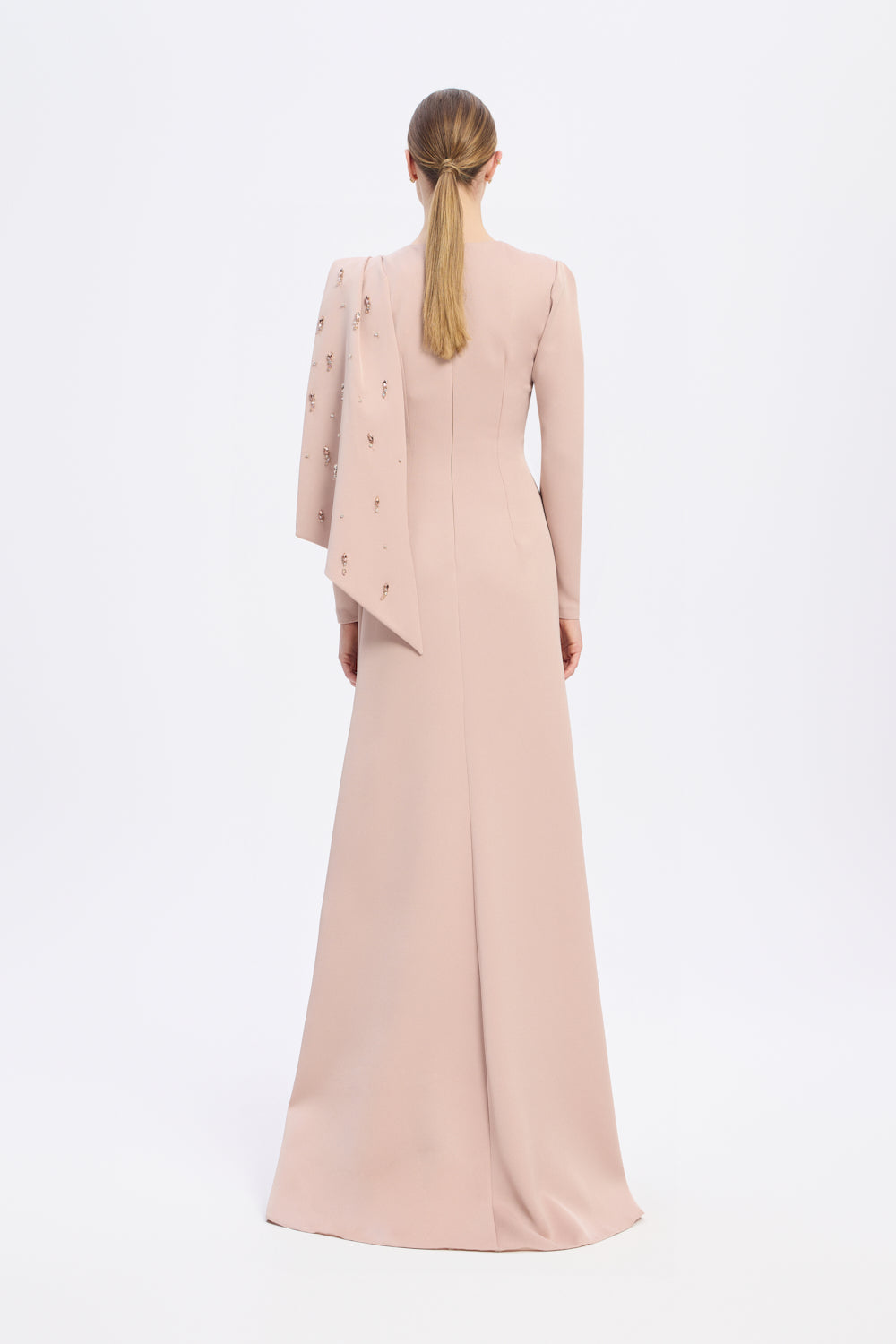 Dar Kesim Taş İşlemeli Krep Uzun Abiye Elbise - 9087C