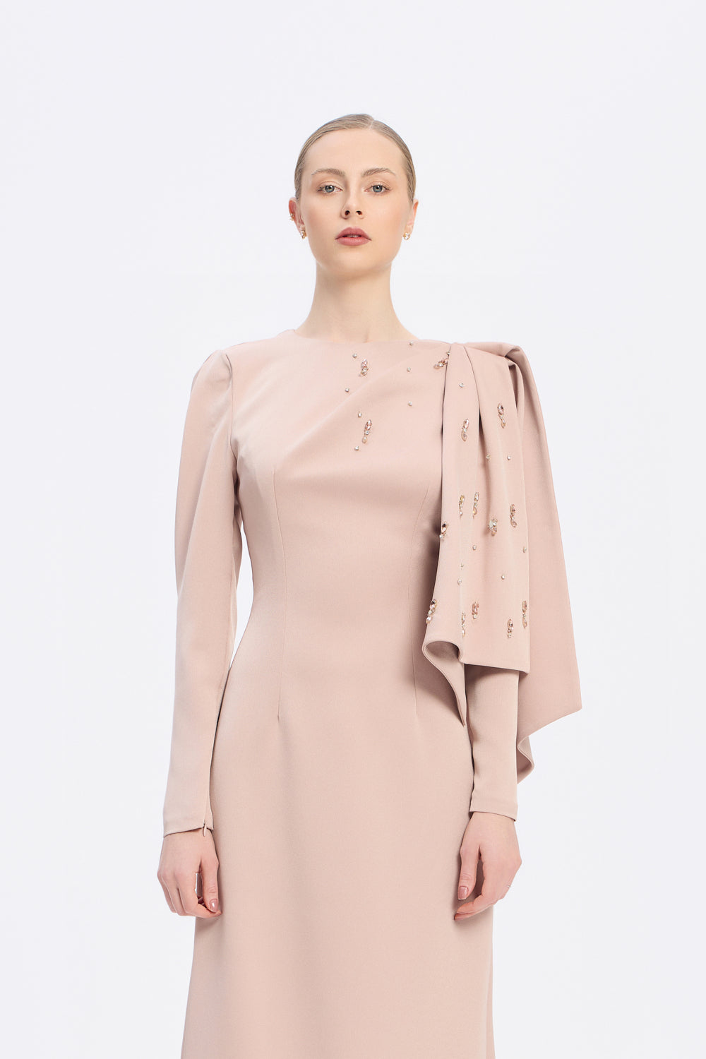 Dar Kesim Taş İşlemeli Krep Uzun Abiye Elbise - 9087C