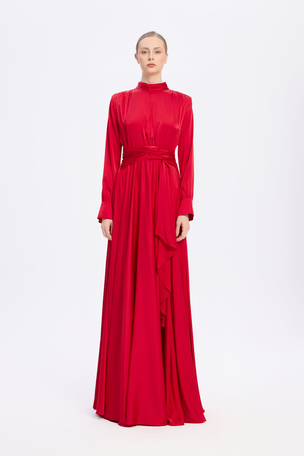 Drape Detaylı Dik Yaka Saten Uzun Abiye Elbise - 9072C