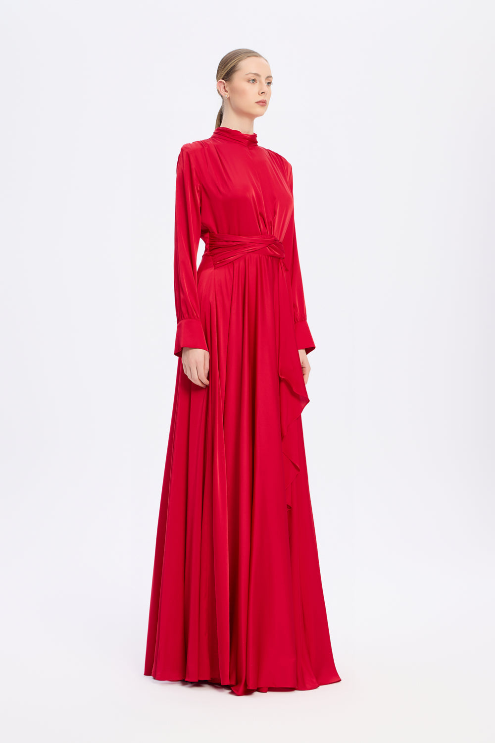 Drape Detaylı Dik Yaka Saten Uzun Abiye Elbise - 9072C