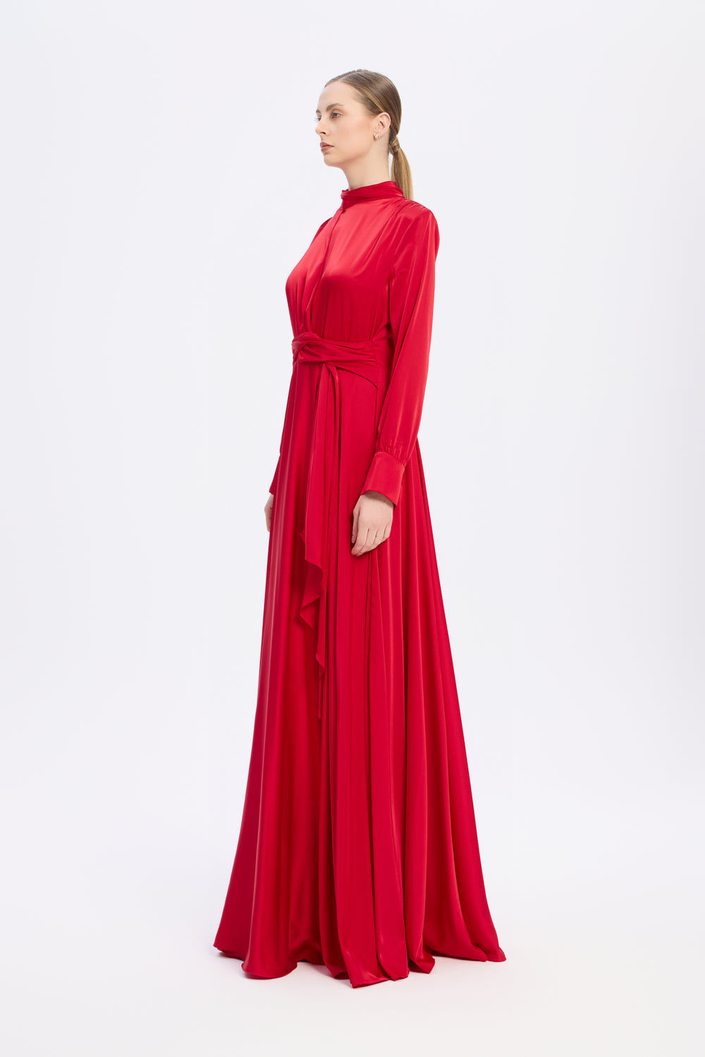 Drape Detaylı Dik Yaka Saten Uzun Abiye Elbise - 9072C