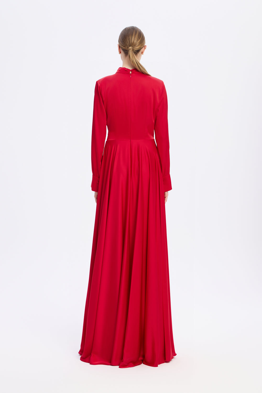 Drape Detaylı Dik Yaka Saten Uzun Abiye Elbise - 9072C