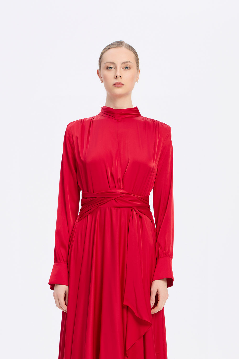 Drape Detaylı Dik Yaka Saten Uzun Abiye Elbise - 9072C