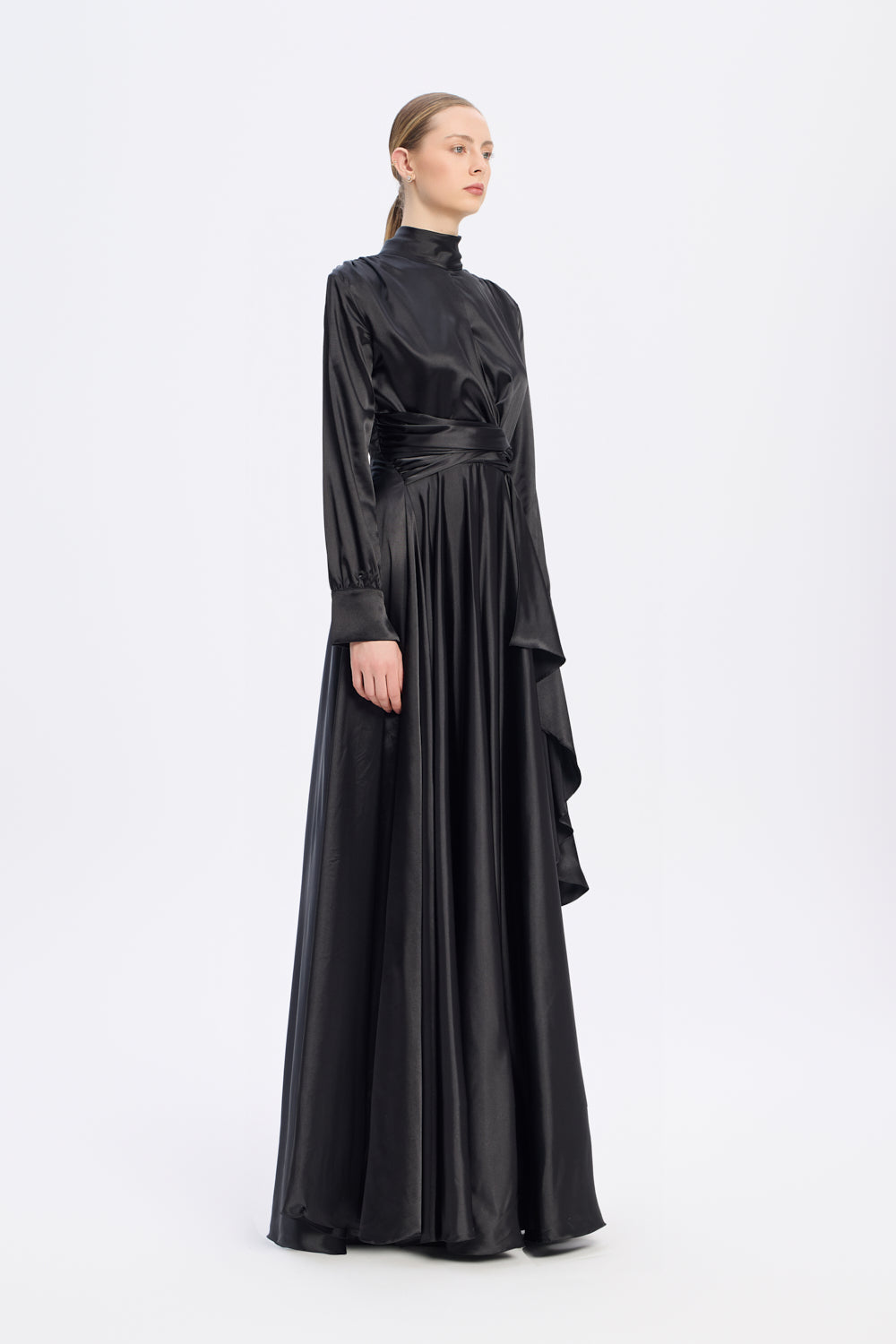 Drape Detaylı Dik Yaka Saten Uzun Abiye Elbise - 9072C