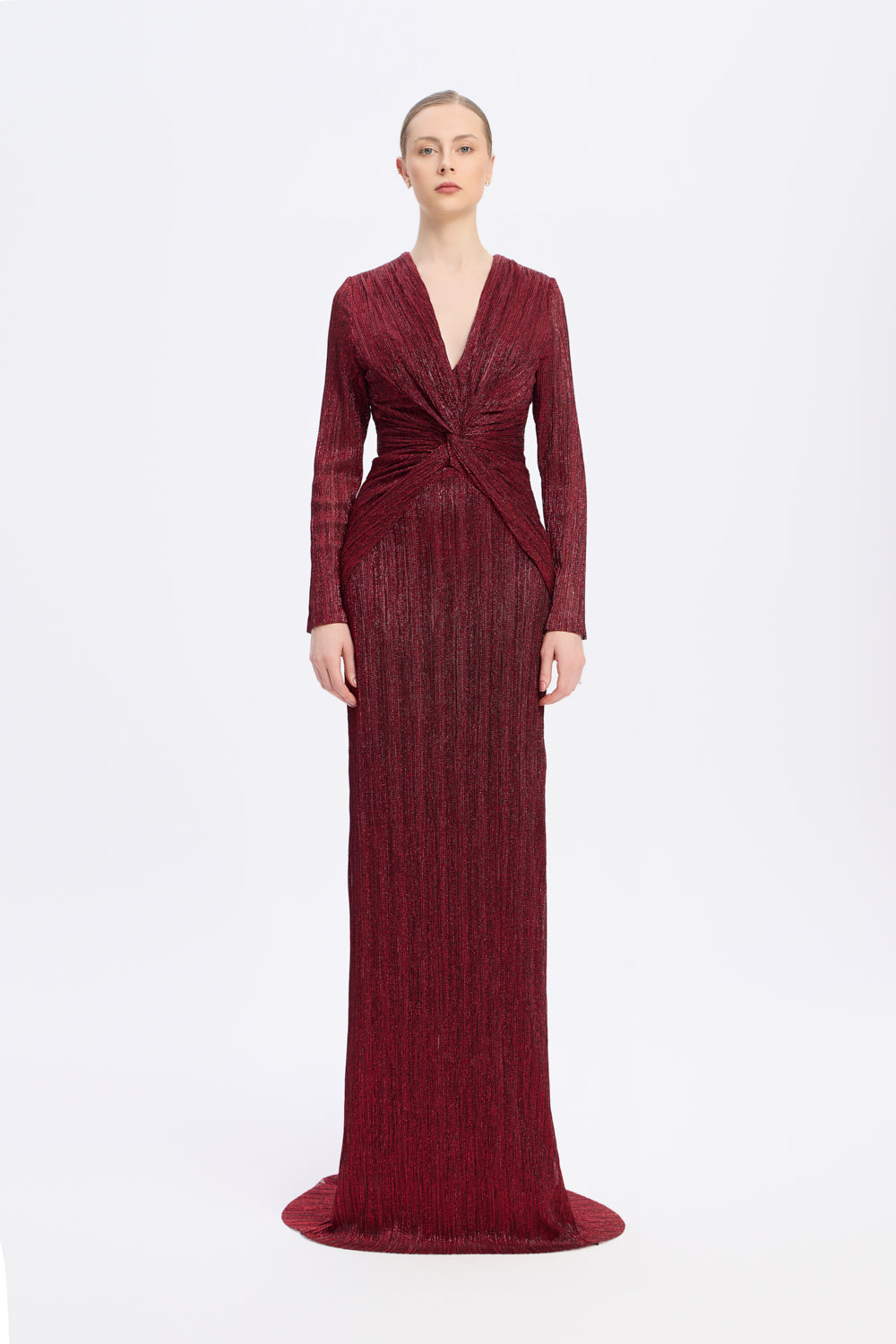 Düğüm Detaylı V Yaka Simli Uzun Abiye Elbise - 9120C